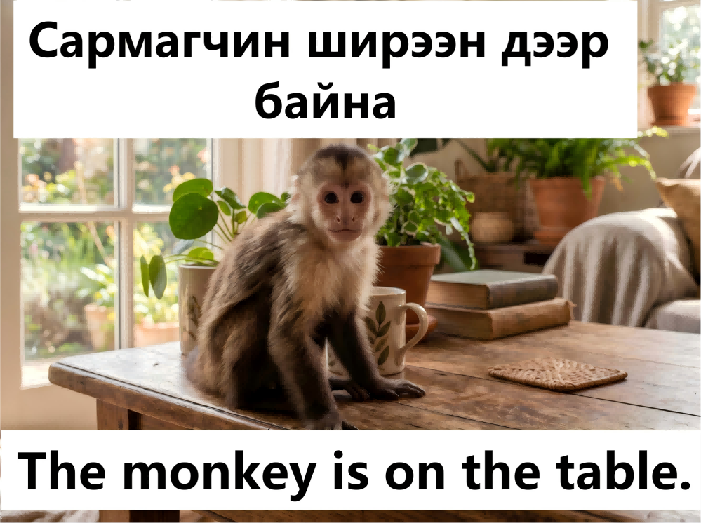 The monkey is on the table